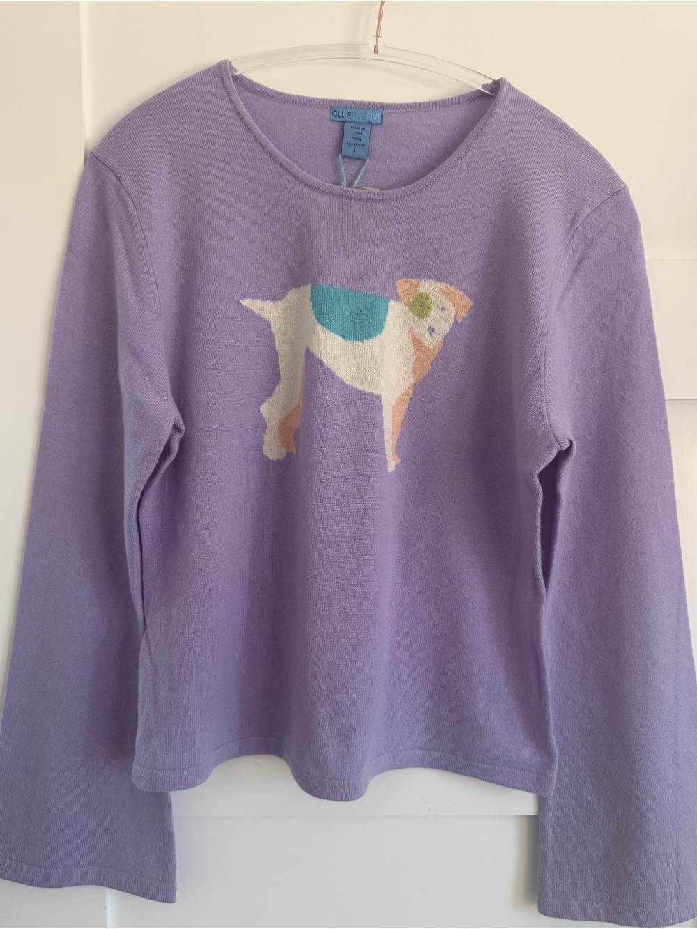 100% Cashmere Sweater LARGE Lavender Jack Russell Terrier Dog NWT